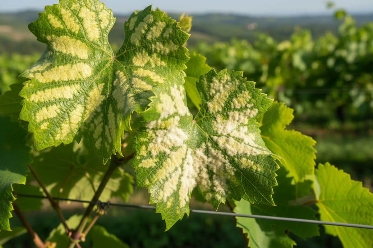 Sintomi di peronospora della vite su foglia — macchie d’olio e sporulazione di Plasmopara viticola